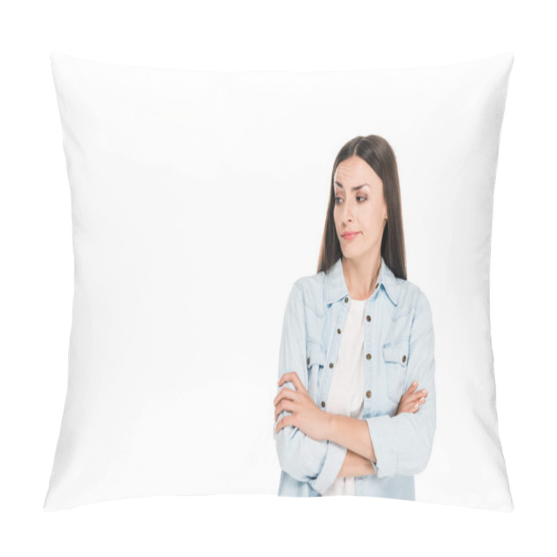 Personality  Skeptical Brunette Woman Standing With Crossed Arms Isolated On White Pillow Covers