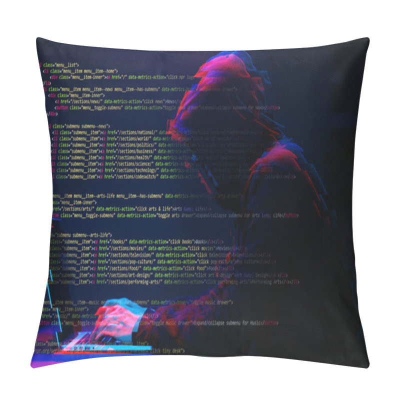 Personality  Hacker Working With Laptop In Dark Room With Digital Interface Around. Image With Glitch Effect. Pillow Covers