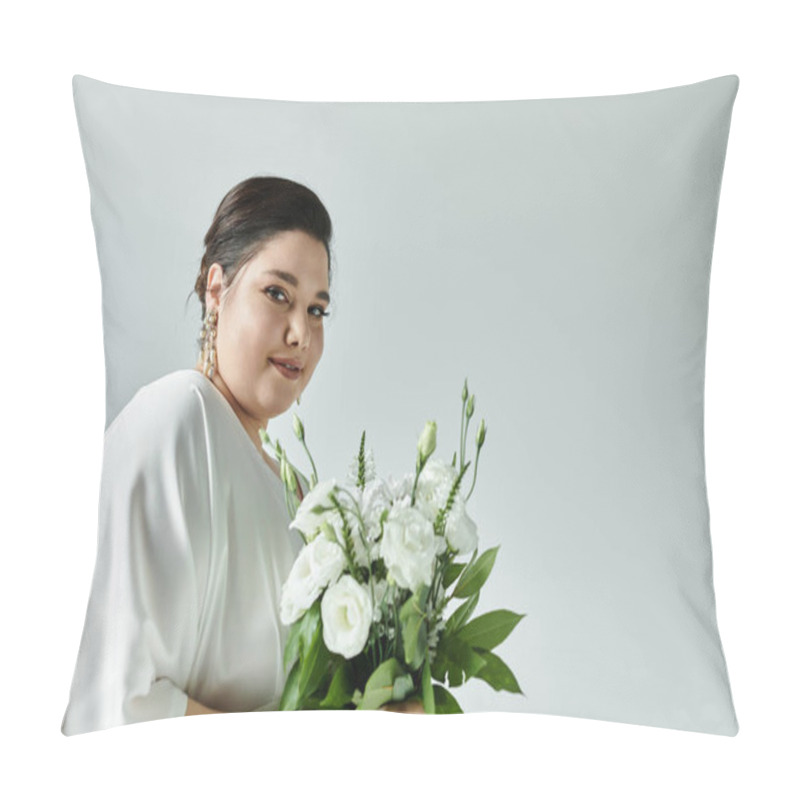 Personality  Stunning Bride In A White Dress Holding A Bouquet, Radiating Happiness Against A Muted Grey Background. Pillow Covers