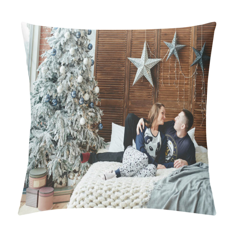 Personality  Happy Couple In Love Laying In Bed In Bedroom With Christmas Tree And Gifts Near Window Pillow Covers