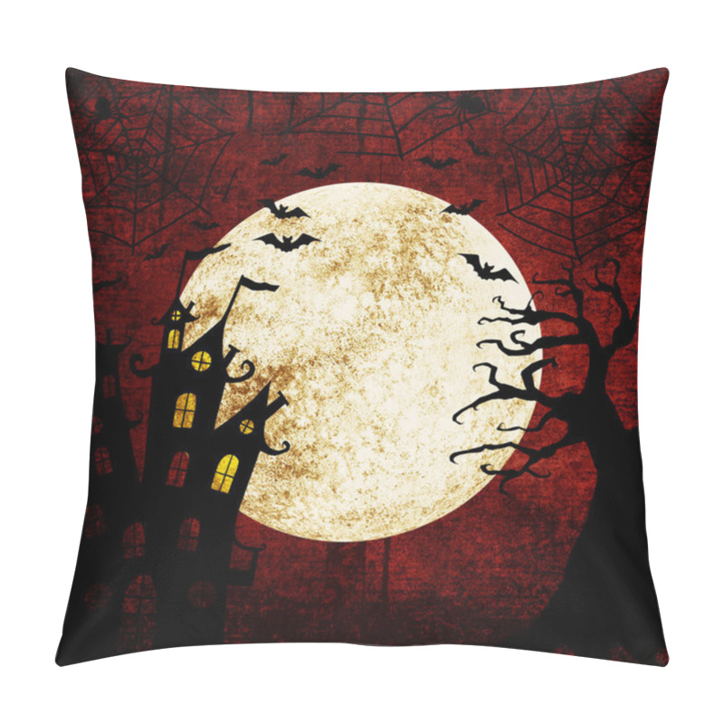 Personality  Halloween Bloody Red Grunge Background With Full Moon, Silhouettes Of Bats, Terrible Dead Tree, Castle, Webs And Spiders On Dark Spooky Night Sky. Halloween, Horror Concept. Space For Text. Pillow Covers