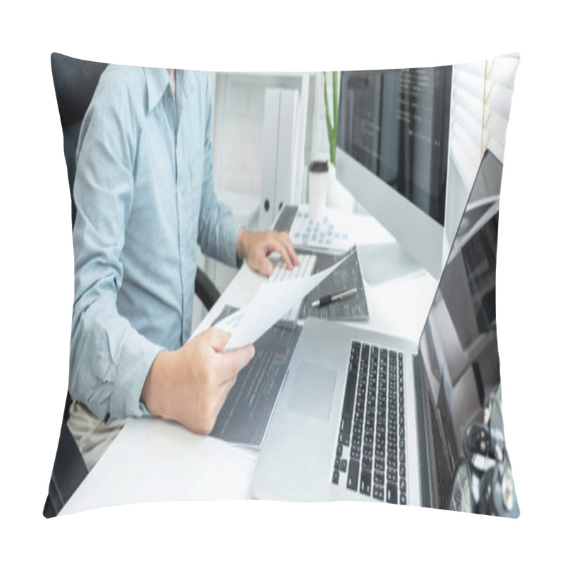 Personality  Male Programmer Is Programing To Developing Program App And Website Of Corporate While Working To Checking Program Code And Debugging On Multiple Screen At Modern Software Office. Pillow Covers