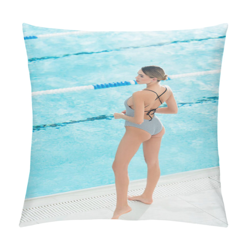 Personality  Back View Of Young Woman In Swimsuit Standing Near Swimming Pool  Pillow Covers