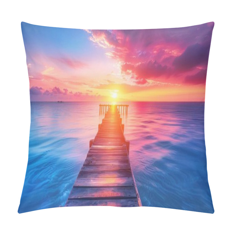 Personality  A Stunning Sunset View From A Wooden Pier Over Calm Waters, With Vibrant Colors Painting The Sky. Pillow Covers