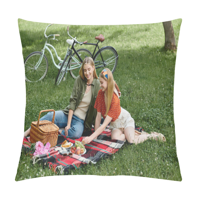 Personality  A Young Lesbian Couple Enjoys A Picnic Lunch In A Green Park, Surrounded By Lush Grass And Bicycles. Pillow Covers