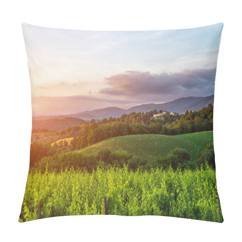 Personality  Tuscany Landscape At Sunrise. Typical For The Region Tuscan Farm House, Hills, Vineyard. Italy. Pillow Covers