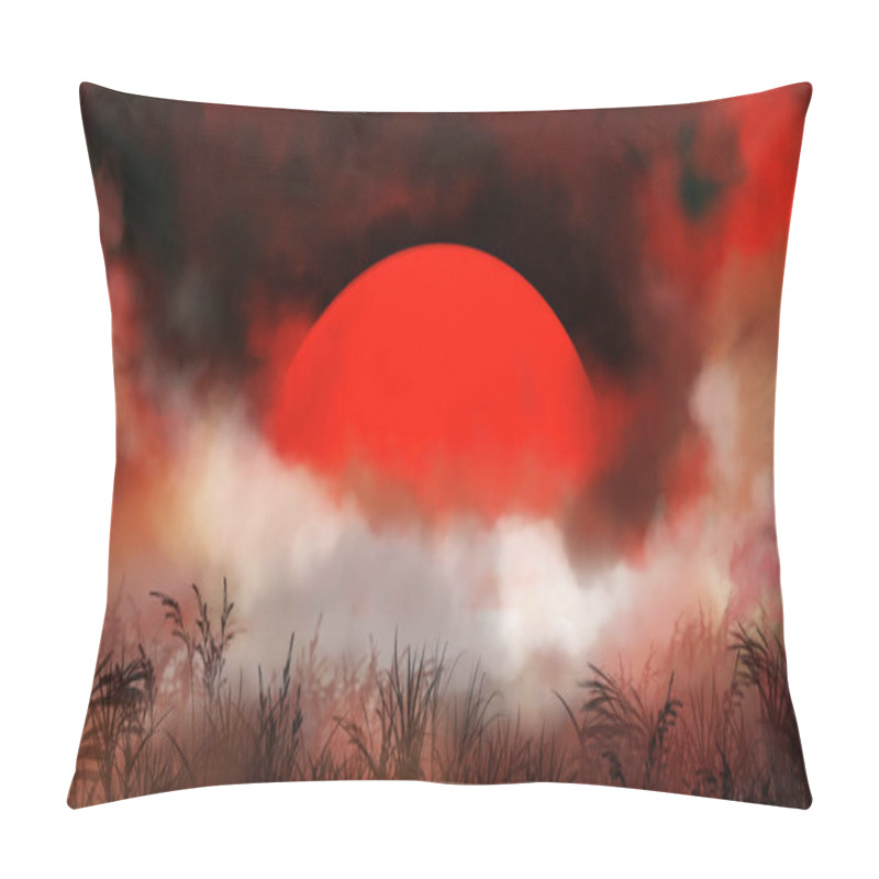 Personality  The Blood Red Moon Is Shrouded In Clouds On A Grassy Field. Pillow Covers