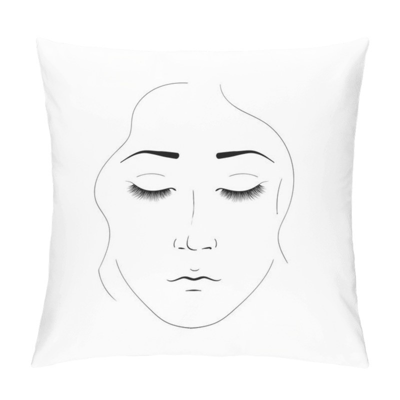 Personality  The Girl Face Is Created By Black Lines. Elegant Portrait Of A Woman With Closed Eyes And Beautiful Eyelashes. Element For Cosmetic Salon Procedures Pillow Covers