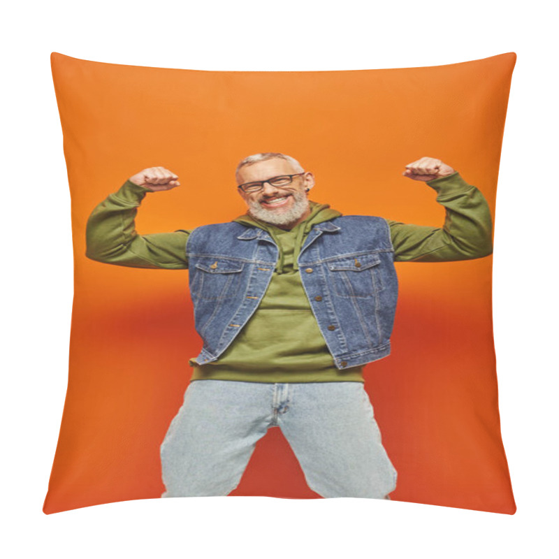 Personality  Cheerful Good Looking Mature Man In Denim Vest Posing With Arms Raised And Smiling At Camera Pillow Covers