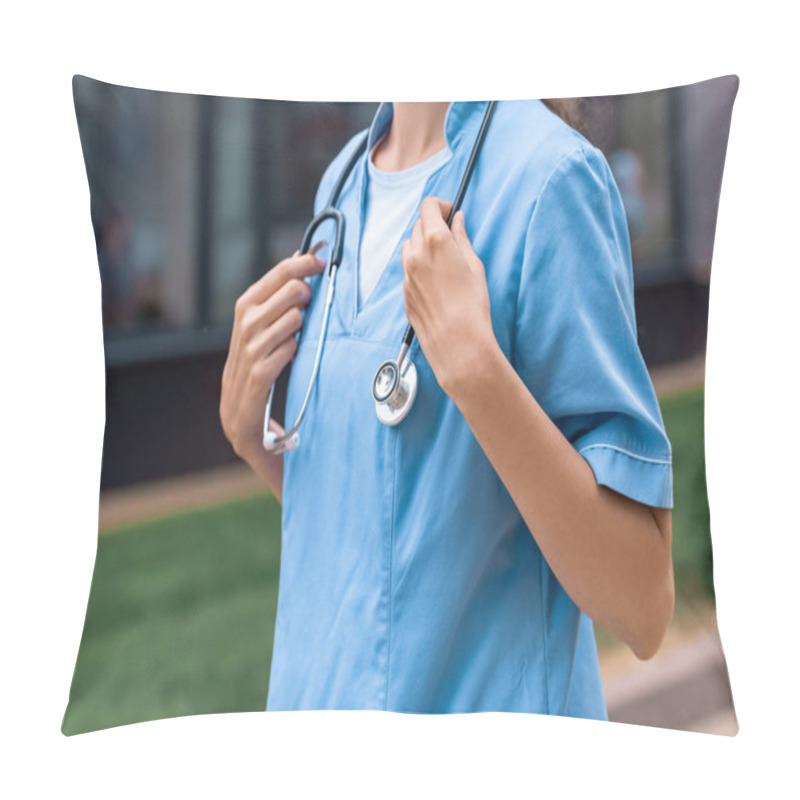 Personality  Cropped Image Of Female Medical Student Holding Stethoscope On Neck Pillow Covers