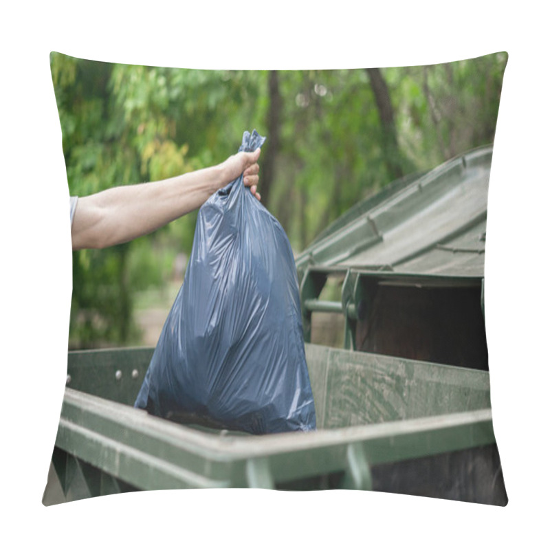 Personality  Male Dumping Waste Package Into A Big Trash Bin Container Pillow Covers