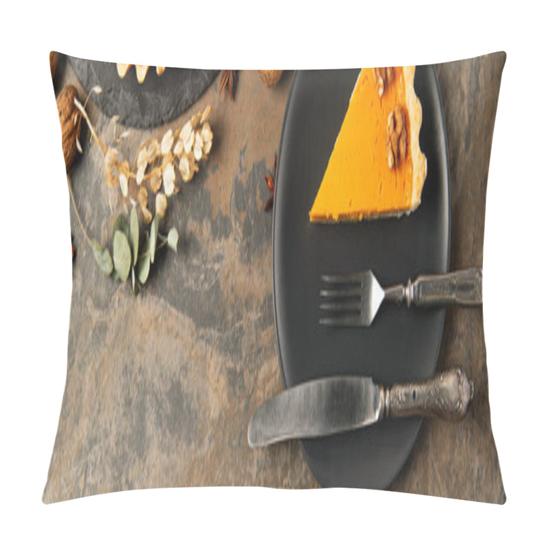 Personality  Thanksgiving, Black Plate With Cutlery And Pumpkin Pie Near Walnuts And Spices With Herbs, Banner Pillow Covers