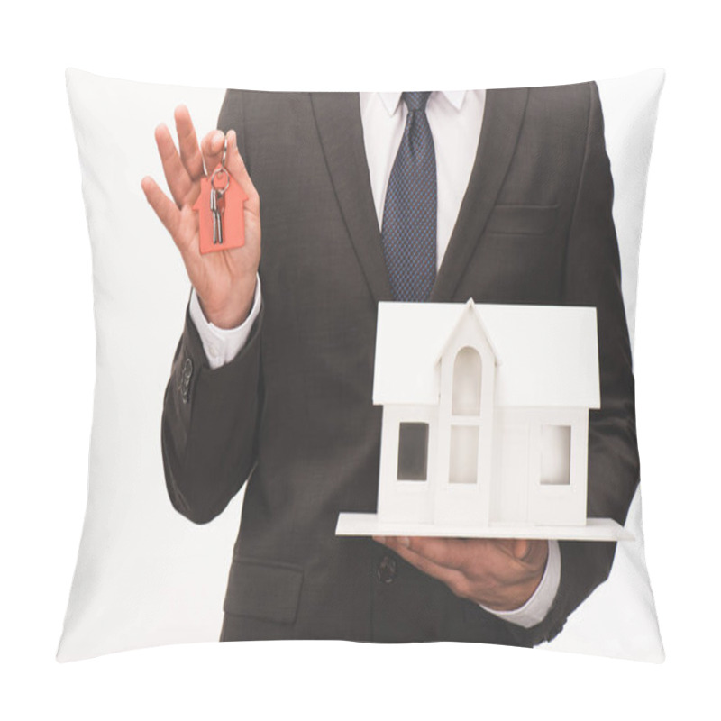 Personality  Cropped Image Of Man Holding Maquette Of House With Key Isolated On White Pillow Covers