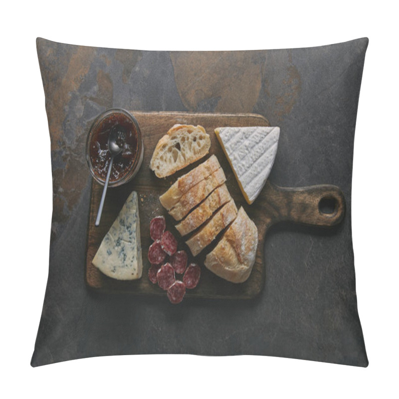 Personality  Top View Of Sliced Bread, Delicious Cheese, Salami And Jam On Wooden Cutting Board Pillow Covers