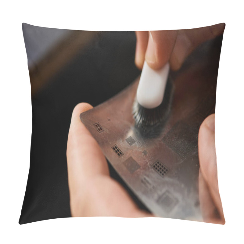 Personality  Cropped View Of Technician Cleaning Electronic Circuit With Brush While Working In Repair Shop Pillow Covers