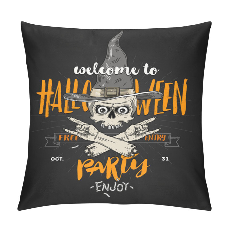 Personality  Halloween Poster With Zombie Head In Witch Hat And Severed Hand - Line Art Vector Illustration With Hand Drawn Brush Calligraphy. Pillow Covers