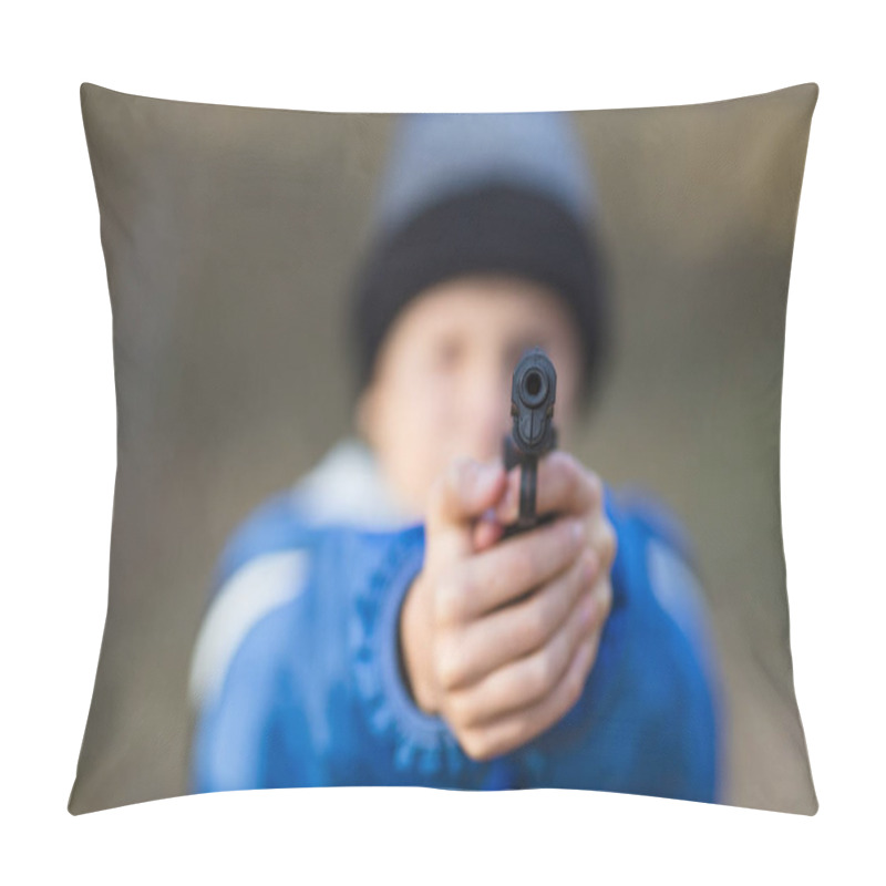 Personality  Boy Playing With A Toy Gun On The Street In Autumn Pillow Covers