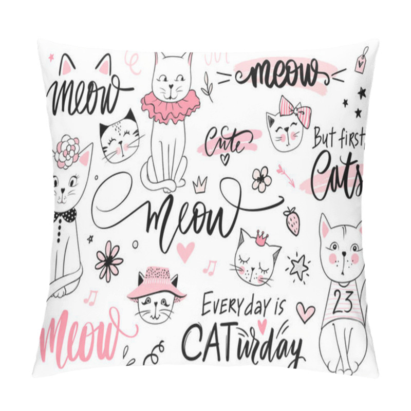 Personality  Doodle Cats Illustration And Kitten Quotes, Meow Lettering. Cute Vector Set With Funny Hipster Pets, Fashion Kitty Phrases Pillow Covers