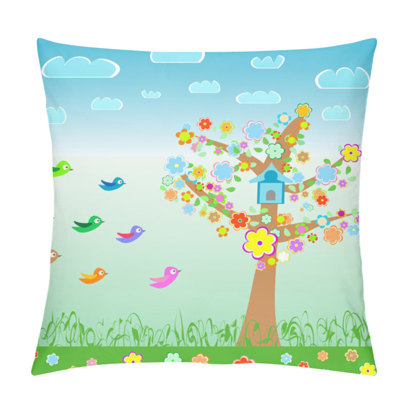 Personality  Summer Landscape With Birds Flower And Tree. Meadow Background Pillow Covers