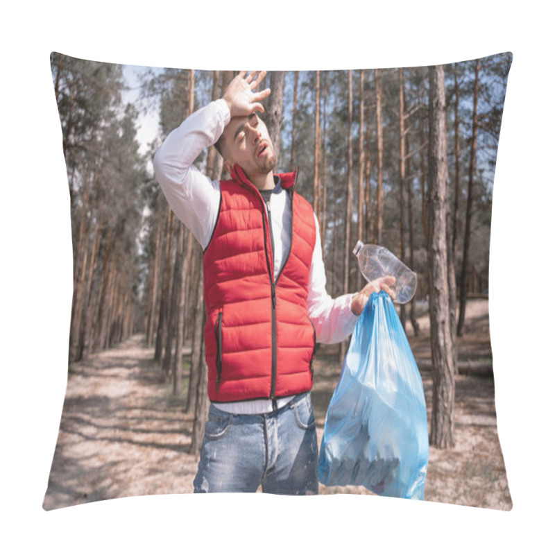 Personality  Tired Man Holding Blue Trash Bag In Forest  Pillow Covers