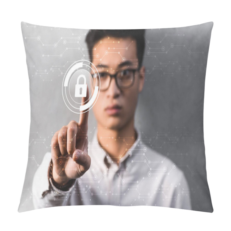 Personality  Selective Focus Of Asian Businessman Touching Padlock Illustration  Pillow Covers