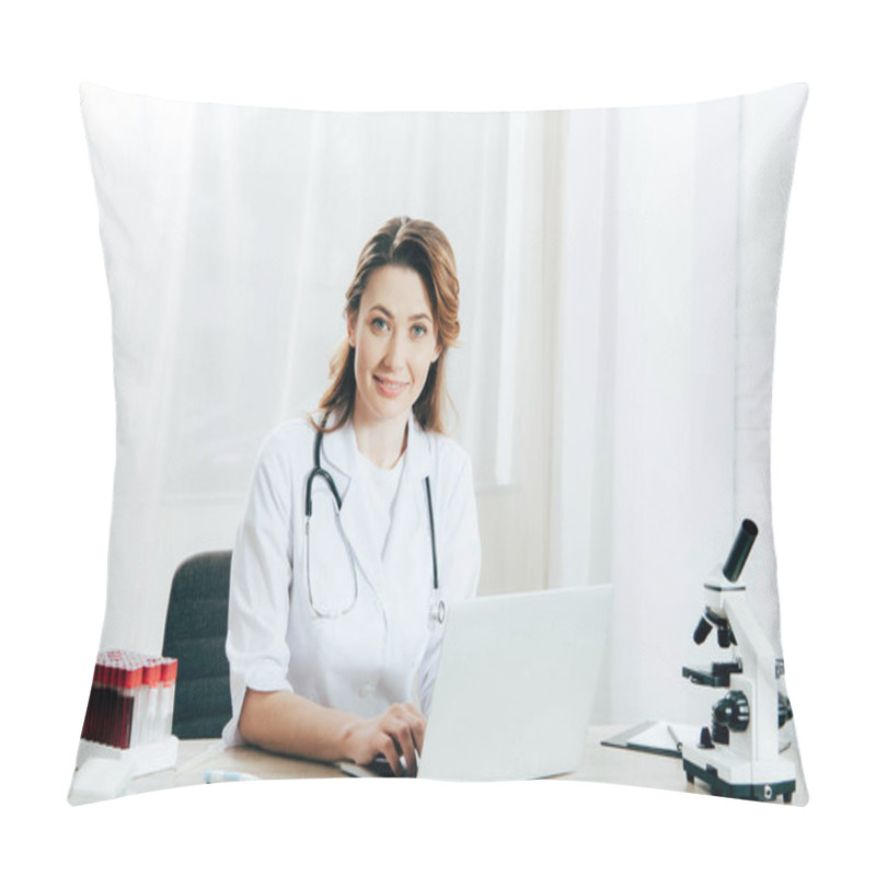 Personality  Doctor In White Coat With Stethoscope Using Laptop In Clinic Pillow Covers