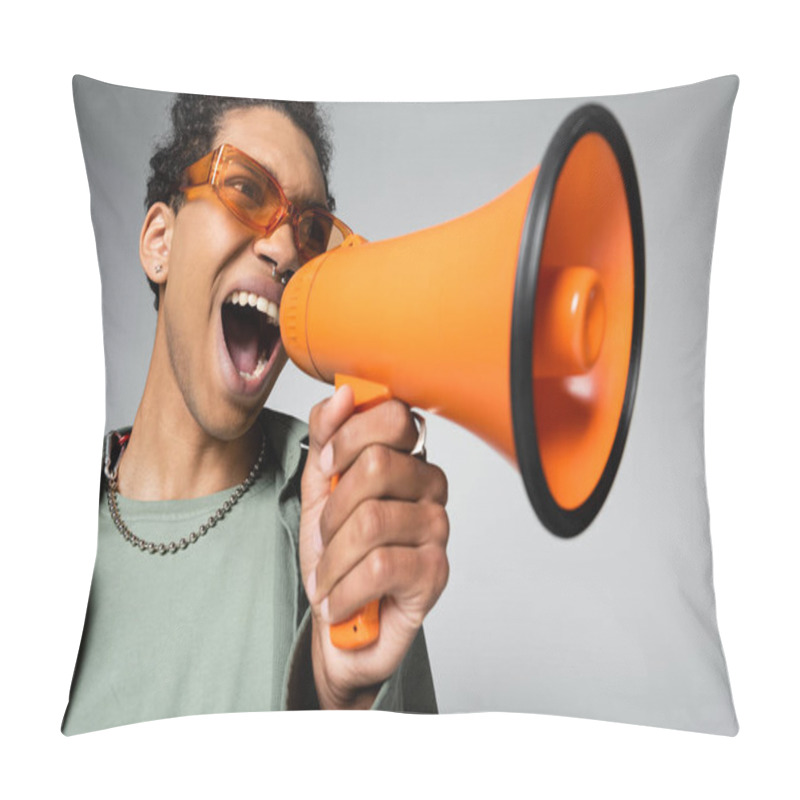 Personality  Trendy African American Guy In Eyeglasses And Necklace Shouting In Megaphone Isolated On Grey Pillow Covers