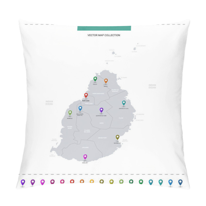 Personality  Mauritius Map With Location Pointer Marks. Infographic Vector Template, Isolated On White Background.  Pillow Covers