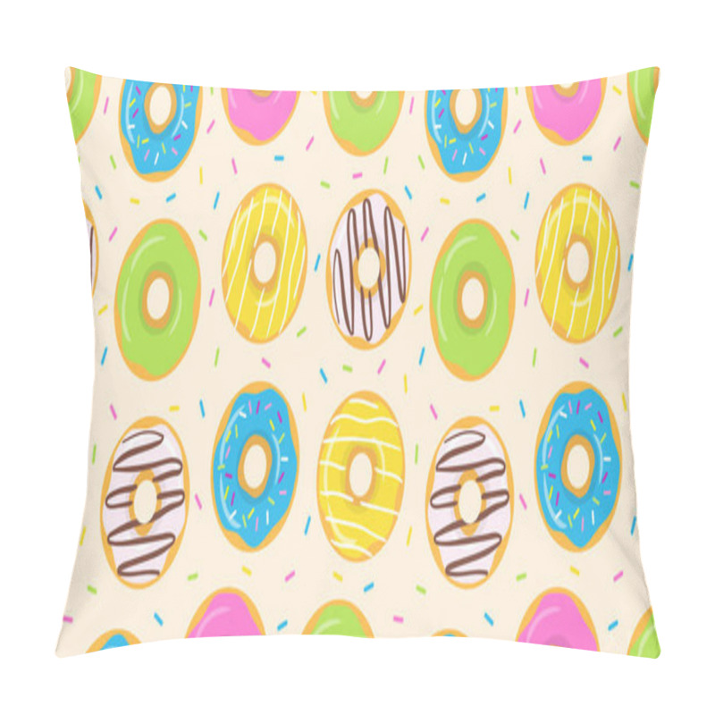 Personality  Colorful Cute Seamless Pattern With Glazed Donuts On Creamy Beige Background. Vector Illustration Pillow Covers