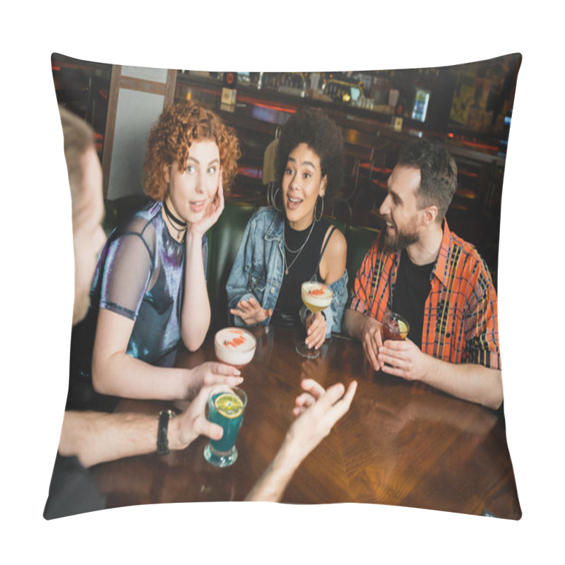 Personality  Excited Multiethnic People Looking At Friend While Talking Near Different Cocktails In Bar  Pillow Covers