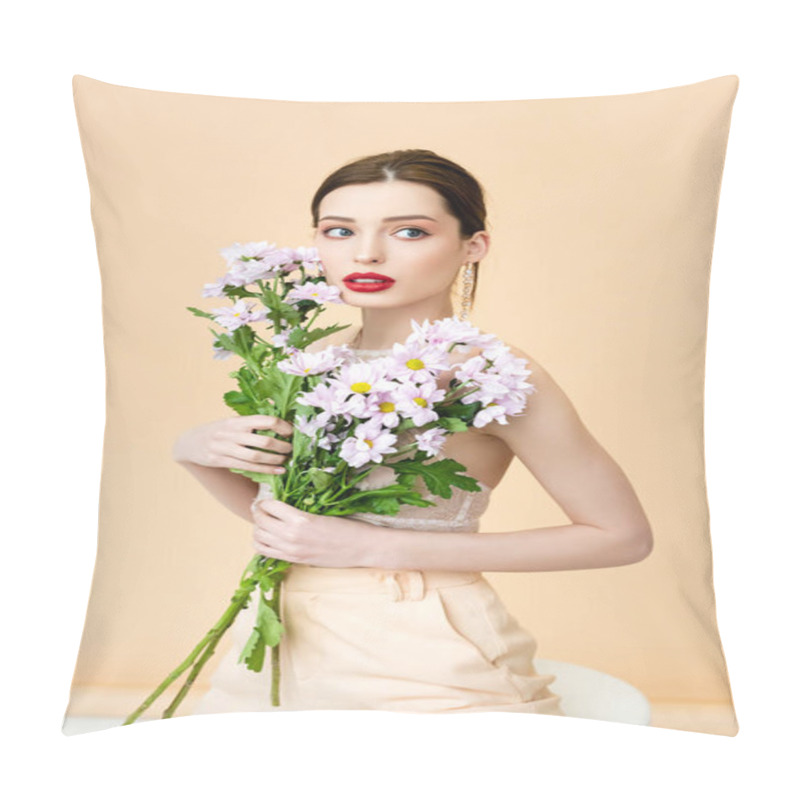 Personality  Pretty Woman Looking Away And Holding Blooming Chrysanthemum Flowers On Beige  Pillow Covers