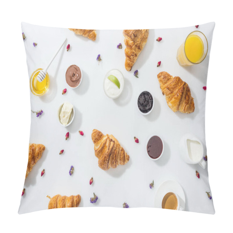 Personality  Top View Of Croissants Near Bowls With Jam, Honey, Orange Juice And Dried Flowers On White  Pillow Covers