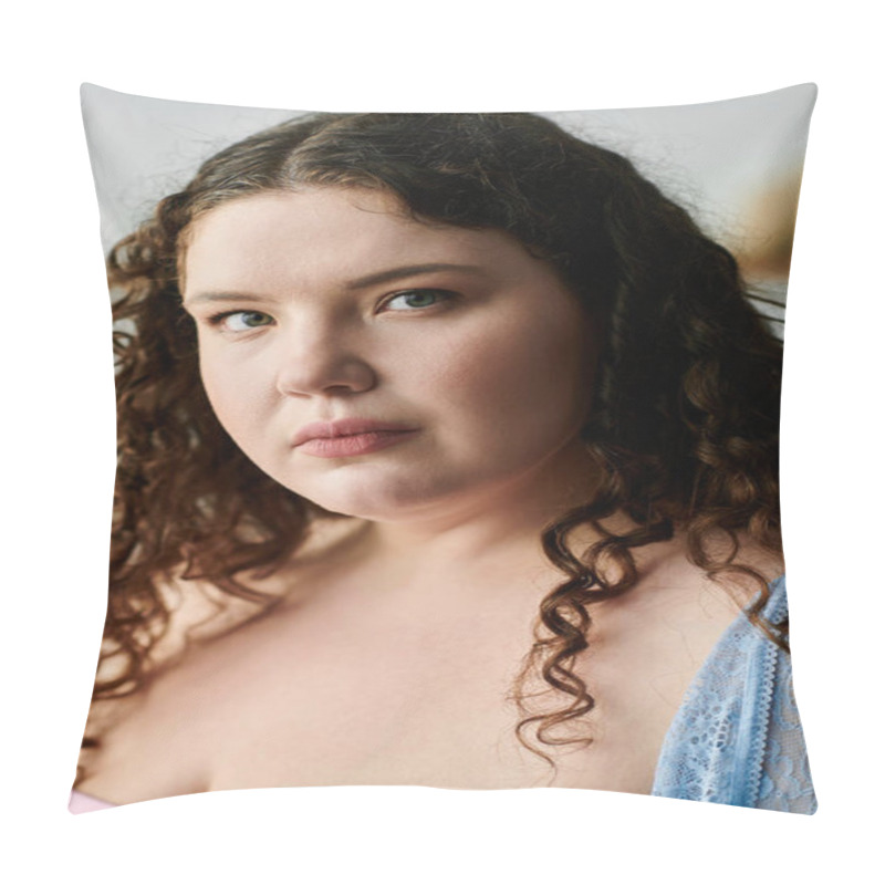 Personality  Good Looking Woman With Dark Hair And Cozy Attire Spending Time At Home. Pillow Covers