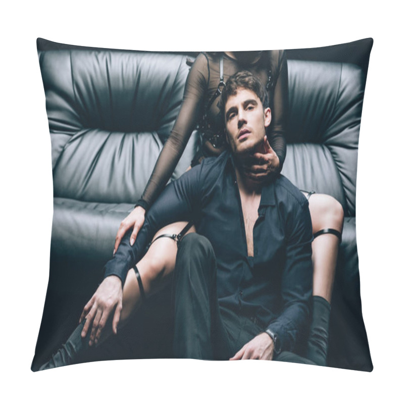 Personality  Passionate Handsome Man Sitting Near Sexy Woman In Bdsm Costume On Black Leather Sofa Pillow Covers