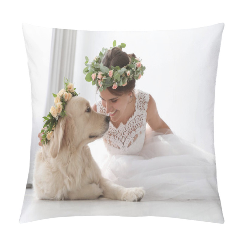 Personality  Bride And Adorable Golden Retriever Wearing Wreath Made Of Beautiful Flowers Indoors Pillow Covers