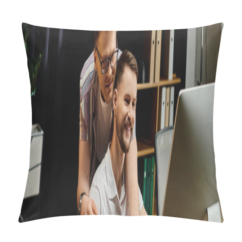 Personality  Two Men In Casual Attire Engaging With A Computer Screen. Pillow Covers