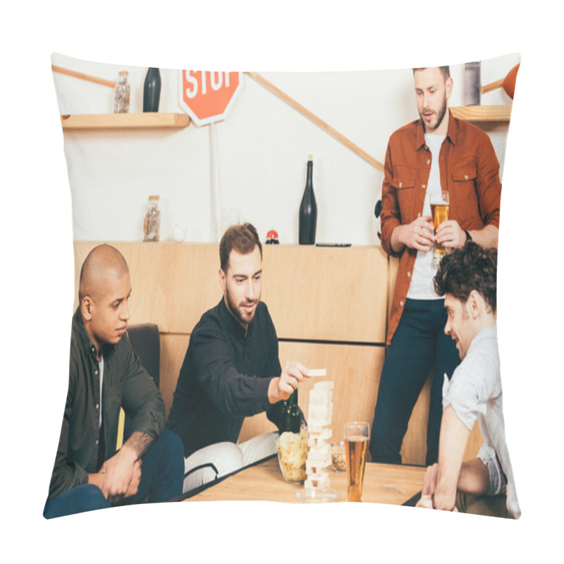 Personality  Multiethnic Friends Playing Blocks Wood Game In Cafe Pillow Covers