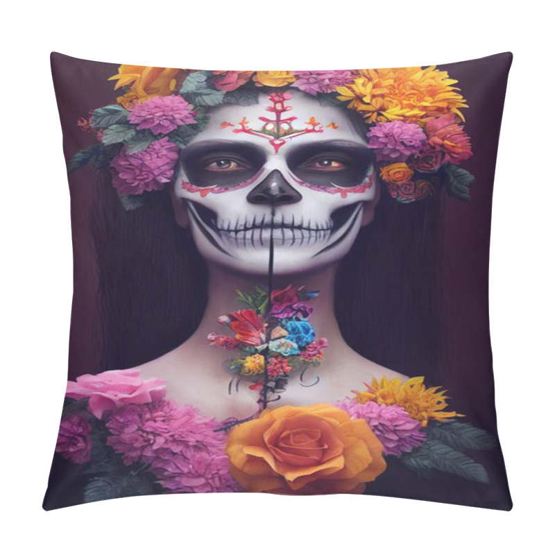 Personality  Sugar Skull Makeup With Flower Ornament Woman Face. 3D Rendering Pillow Covers