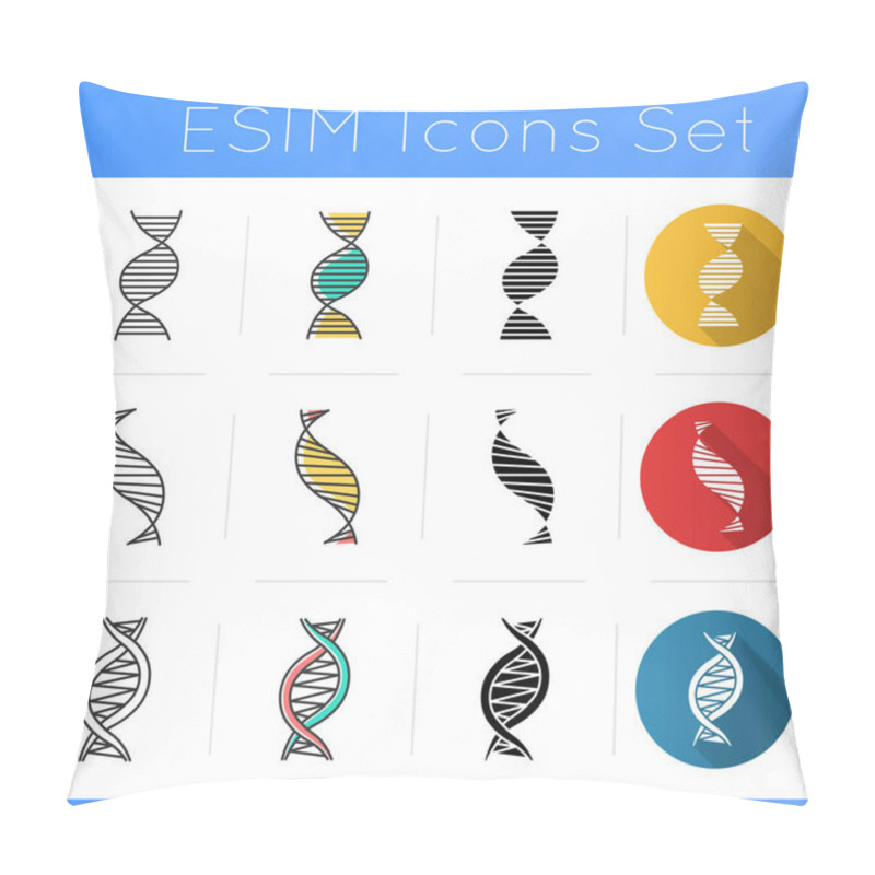 Personality  DNA Spiral Chains Icons Set. Deoxyribonucleic, Nucleic Acid Helix. Spiraling Strand. Chromosome. Molecular Biology. Genetics. Flat Design, Linear, Black And Color Styles. Isolated Vector Illustrations Pillow Covers