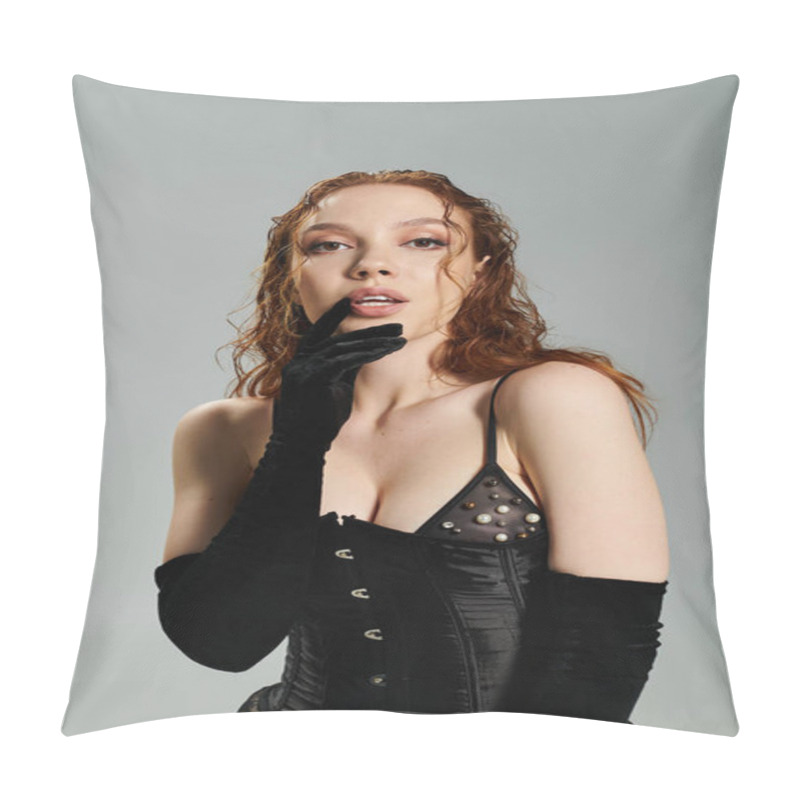 Personality  A Confident Woman With Stunning Red Hair Poses In Stylish Attire. Pillow Covers