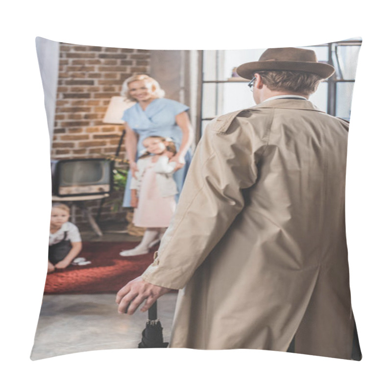 Personality  Back View Of Father Coming Home And Looking At Happy Family, 1950s Style  Pillow Covers