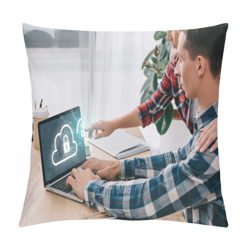 Personality  Businesswoman Pointing At Laptop With Cloud And Lock Sign On Screen While Taking Part In Webinar Together With Colleague In Office Pillow Covers