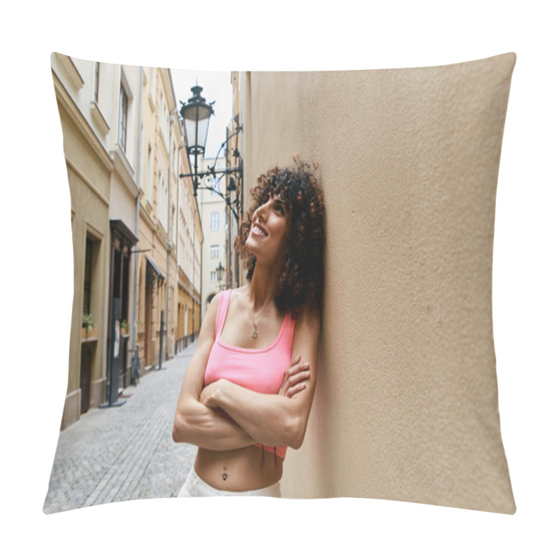 Personality  A Stylish Woman Leans Against A Wall In A Charming European Alleyway, Taking In The Sights And Sounds Of Her Surroundings. Pillow Covers