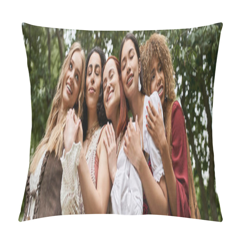 Personality  Low Angle View Of Positive Interracial Women In Boho Outfits Hugging In Retreat Center, Banner Pillow Covers