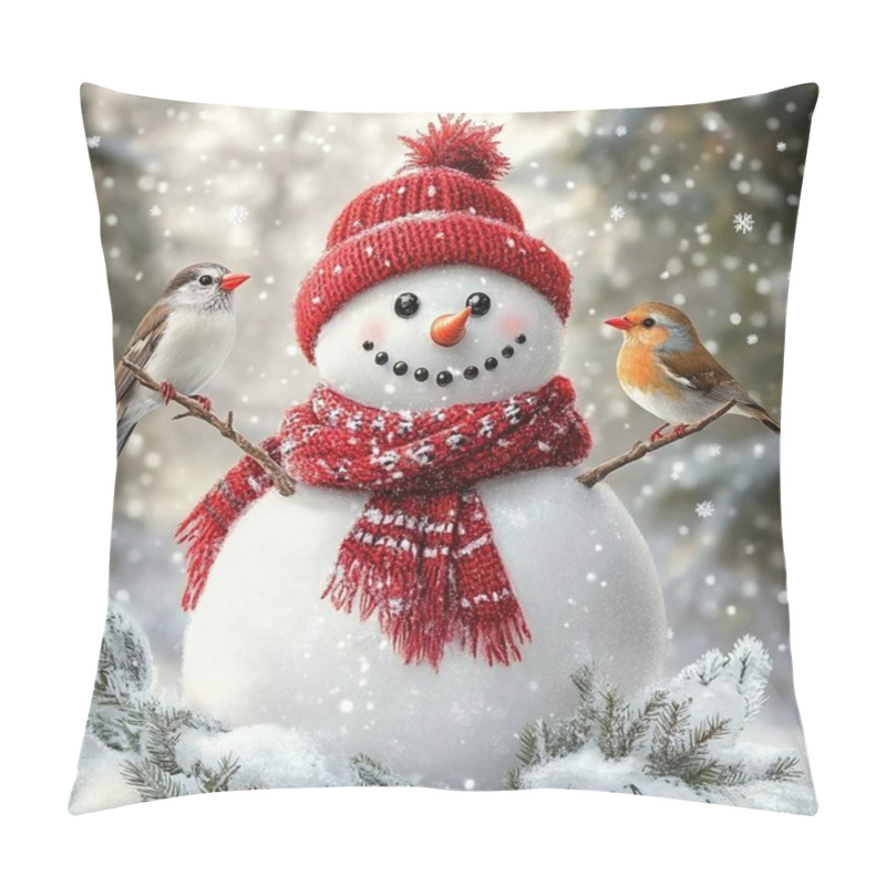 Personality  Happy Snowman With Red Hat And Scarf, Surrounded By Cheerful Birds In Snowy Setting. Pillow Covers