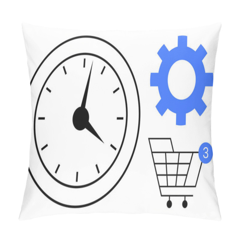 Personality  Clock Showing Time, Blue Gear Representing Settings Or Industry, And A Shopping Cart With A Blue Notification. Ideal For Time Management, Productivity, E-commerce, Industry, Notifications, Shopping Pillow Covers