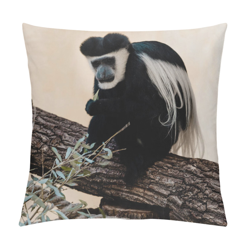 Personality  Selective Focus Of Black And White Monkey Sitting On Tree Near Plant  Pillow Covers