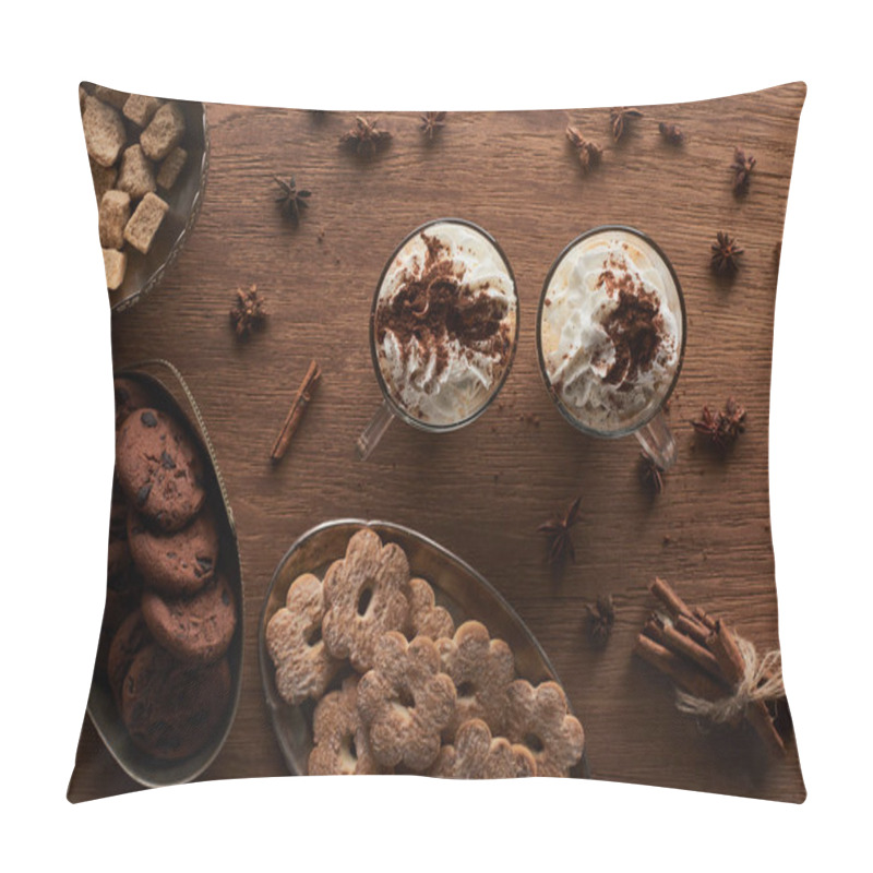 Personality  Top View Of Christmas Cacao Near Cookies, Anise, Cinnamon And Brown Sugar On Wooden Table Pillow Covers