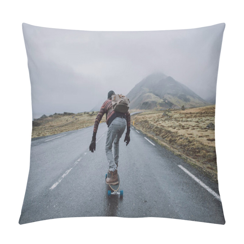 Personality  Skater Traveling Iceland On His Longboard Pillow Covers