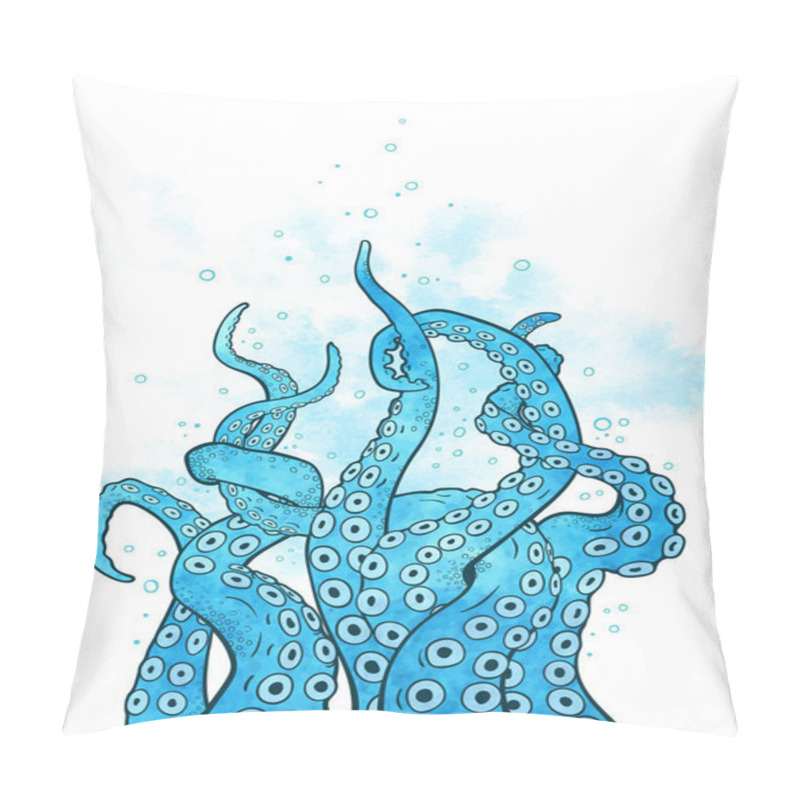 Personality  Octopus Tentacles Curl And Intertwined Hand Drawn Line Art With Blue Watercolor Elements Background Or Print Design Vetor Illustration. Pillow Covers